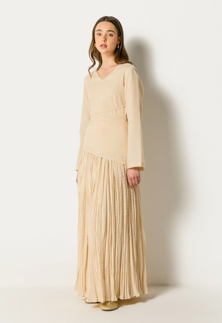Tie Waist Top And Crinkled Skirt Set (2Pcs) Beige