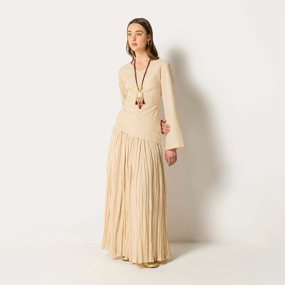 Tie Waist Top And Crinkled Skirt Set (2Pcs) Beige