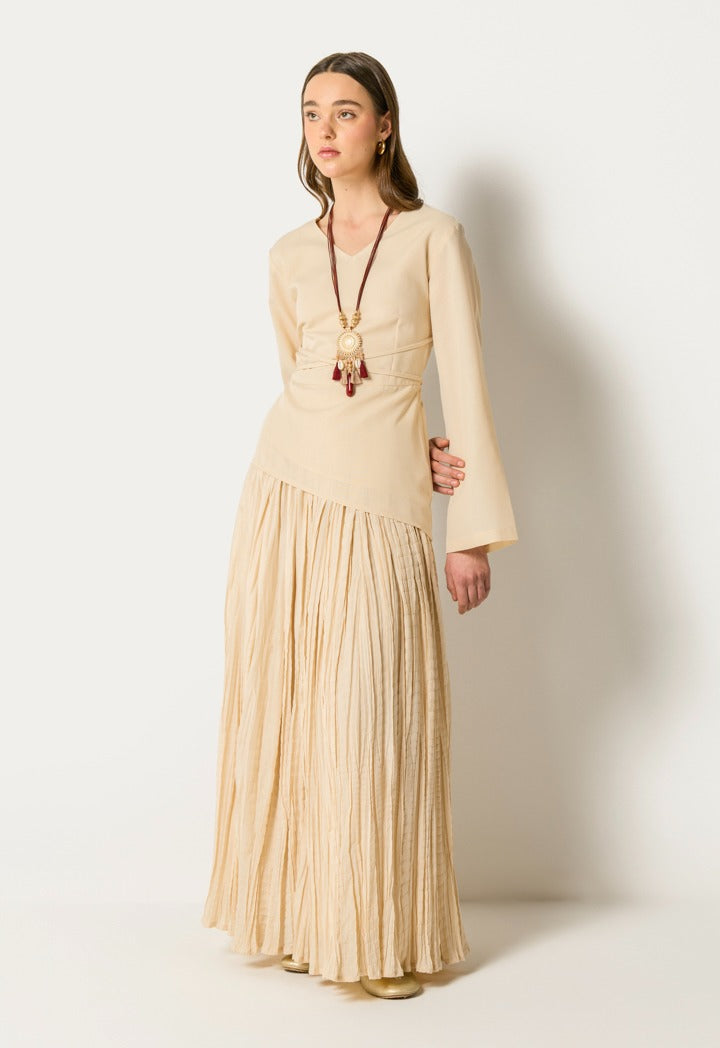 Tie Waist Top And Crinkled Skirt Set (2Pcs) Beige