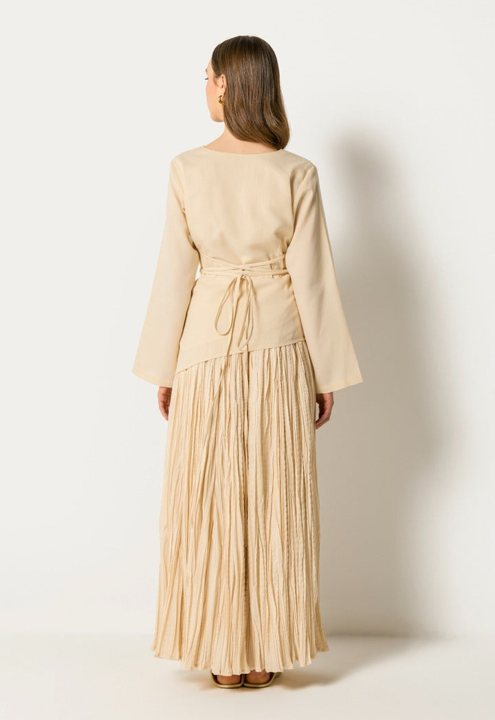 Tie Waist Top And Crinkled Skirt Set (2Pcs) Beige