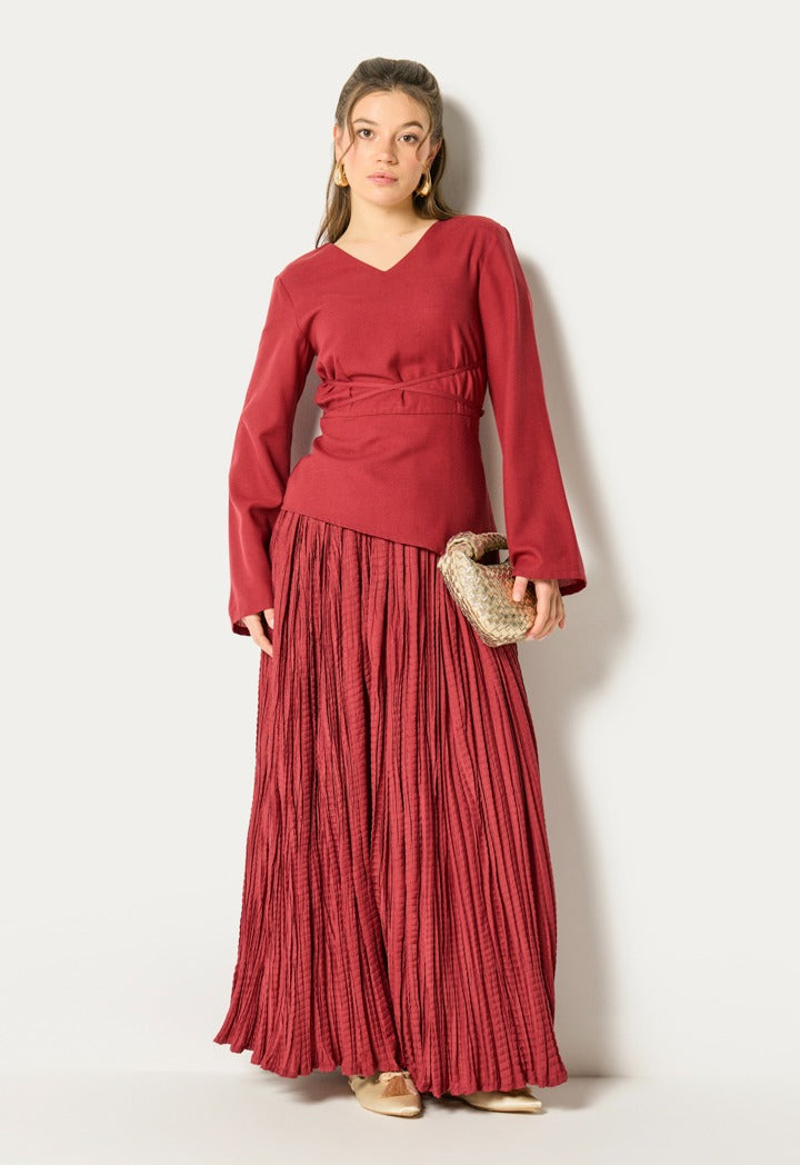 Tie Waist Top And Crinkled Skirt Set (2Pcs) Burgundy