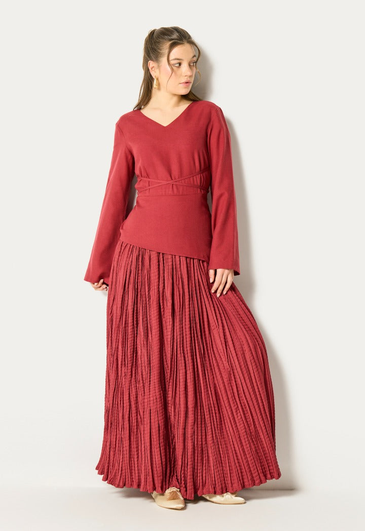 Tie Waist Top And Crinkled Skirt Set (2Pcs) Burgundy
