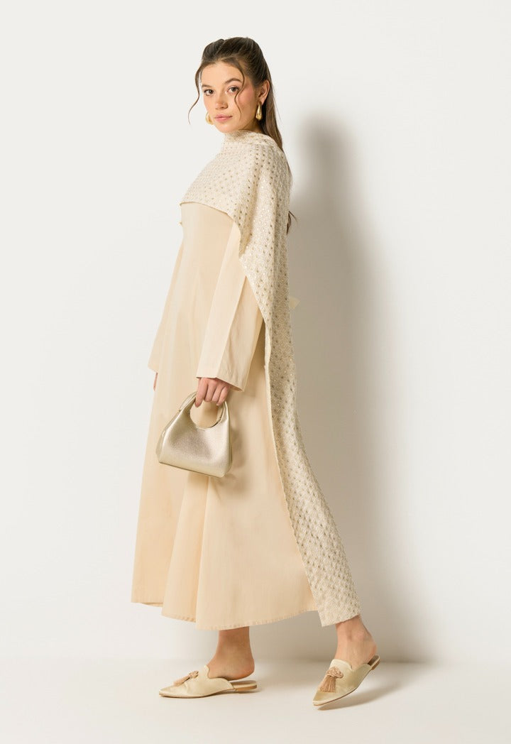 Dress With Sequin Embroidered Shawl(2Pcs) Beige