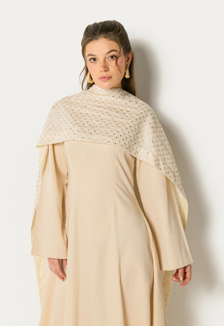 Dress With Sequin Embroidered Shawl(2Pcs) Beige