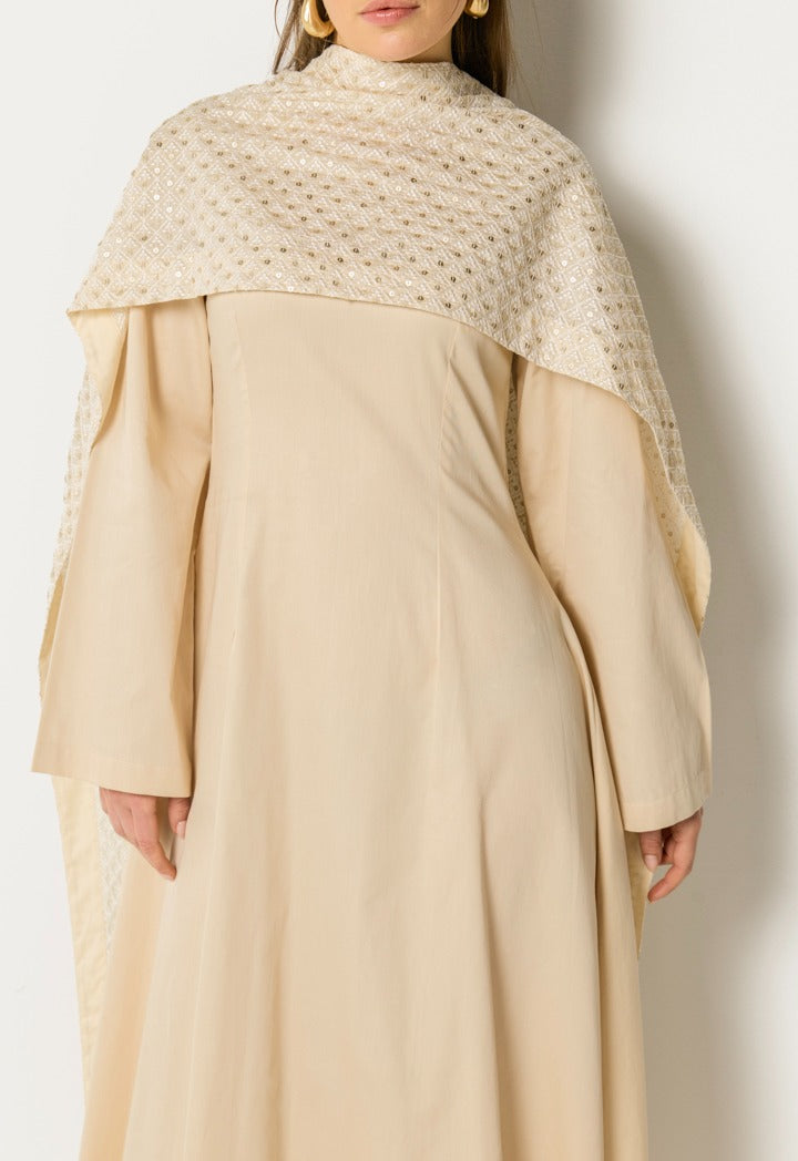 Dress With Sequin Embroidered Shawl(2Pcs) Beige