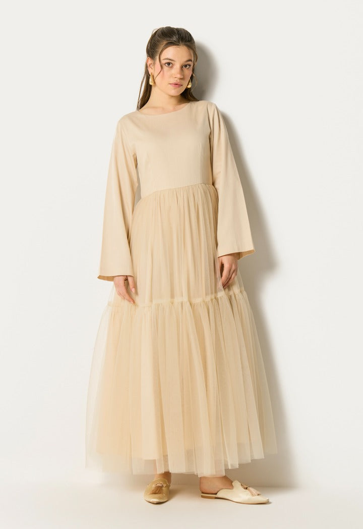 Sequin Embroidered Kaftan Dress (3Pcs) Beige