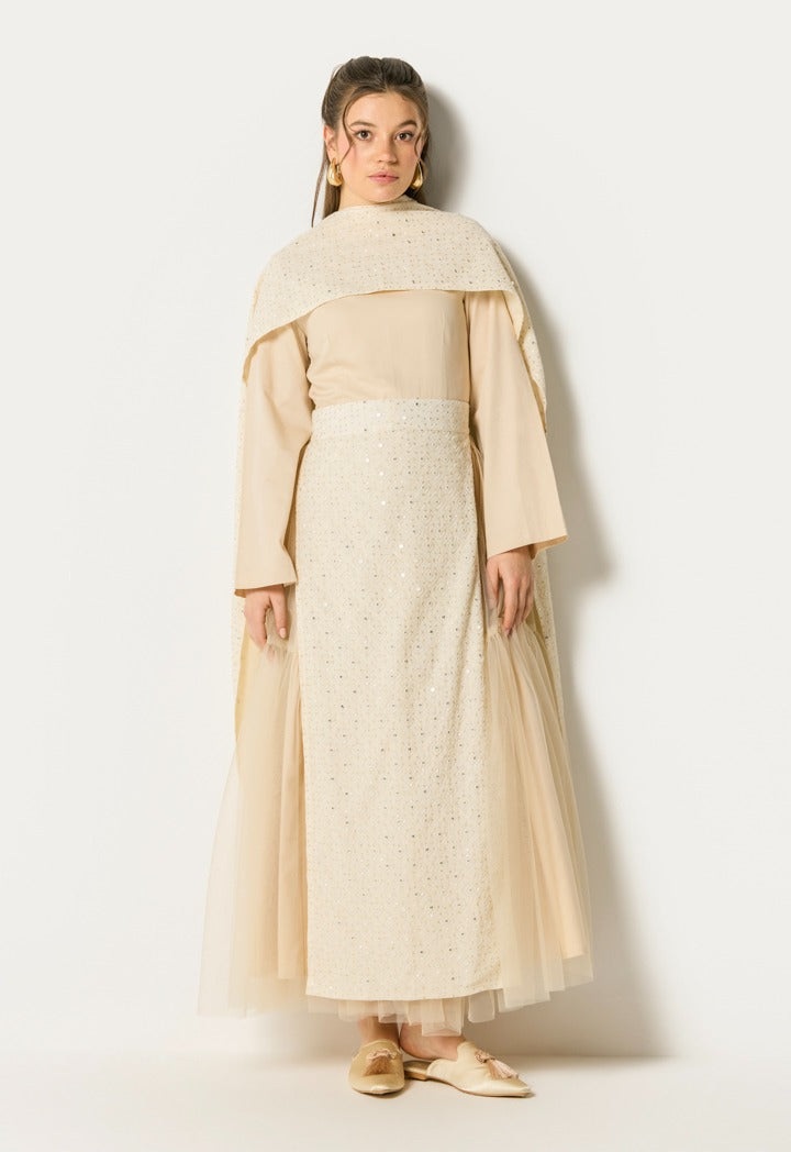 Sequin Embroidered Kaftan Dress (3Pcs) Beige