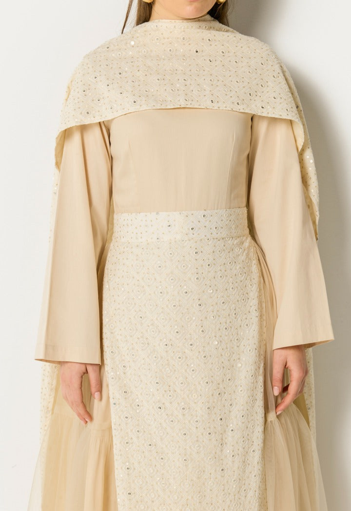 Sequin Embroidered Kaftan Dress (3Pcs) Beige