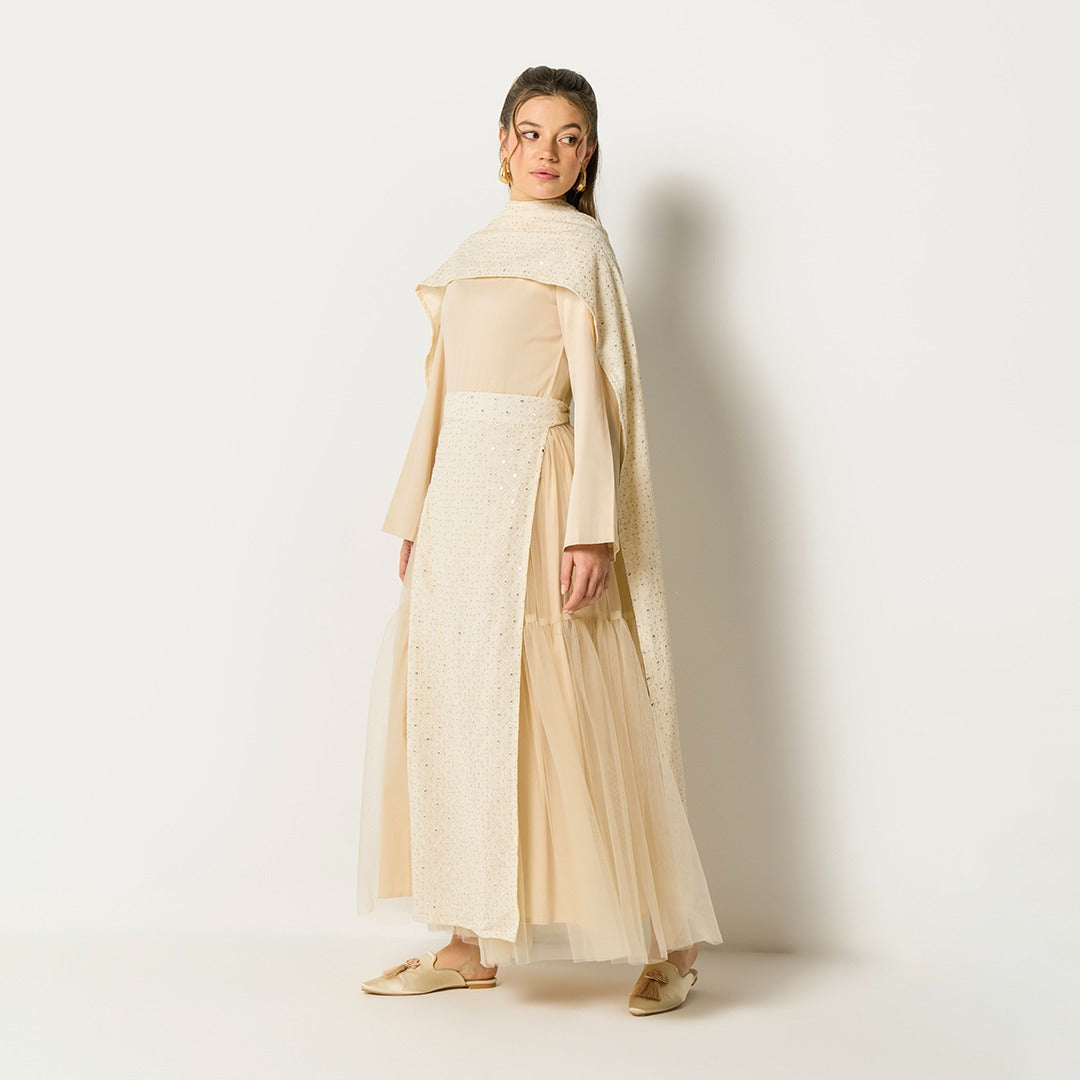 Sequin Embroidered Kaftan Dress (3Pcs) Beige