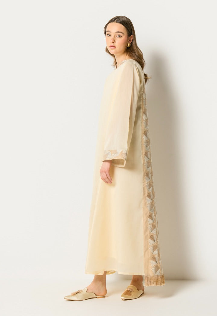 Contrast Embroidered Back Kaftan Beige