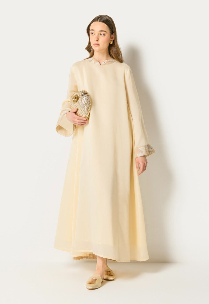 Contrast Embroidered Back Kaftan Beige