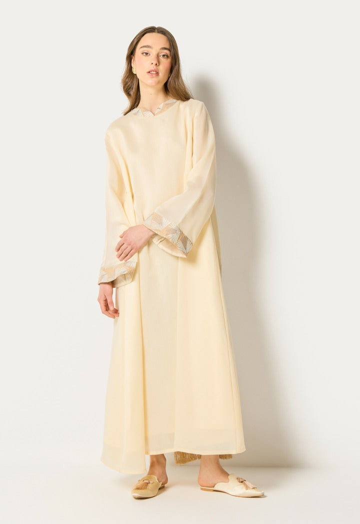 Contrast Embroidered Back Kaftan Beige