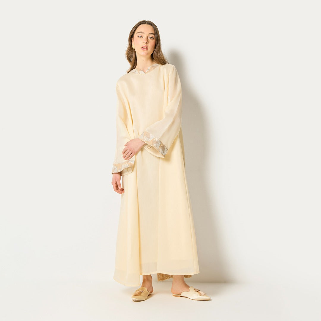 Contrast Embroidered Back Kaftan Beige