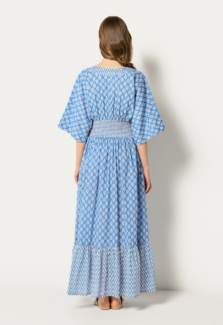 Printed Gathered Waist Dress Blue