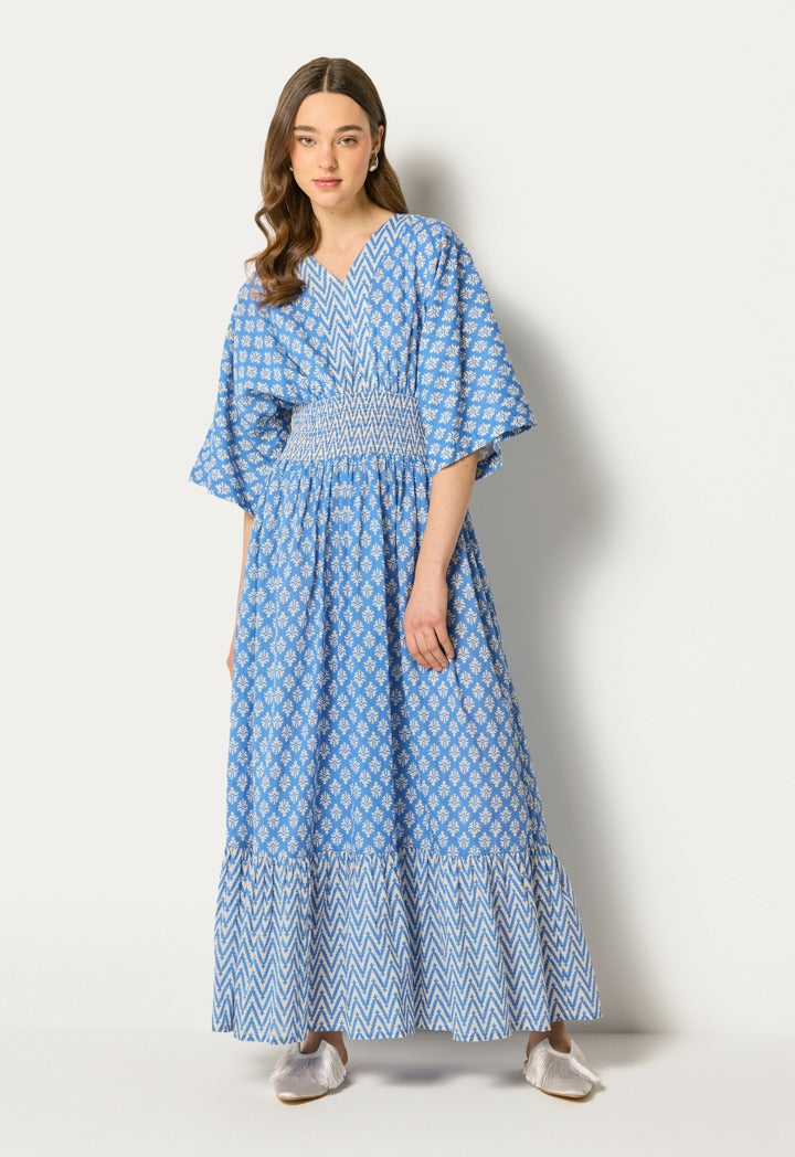 Printed Gathered Waist Dress Blue