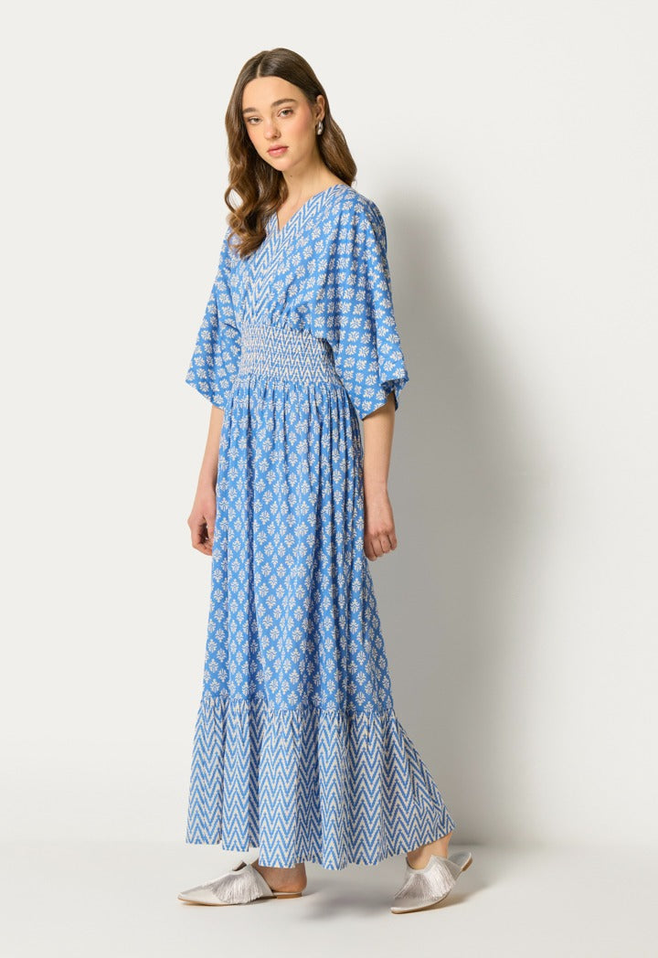 Printed Gathered Waist Dress Blue