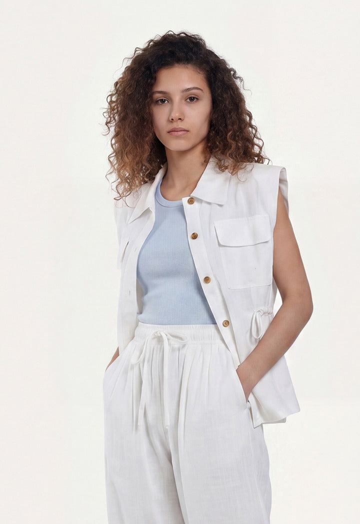 Belted Solid Vest with Padded Shoulder