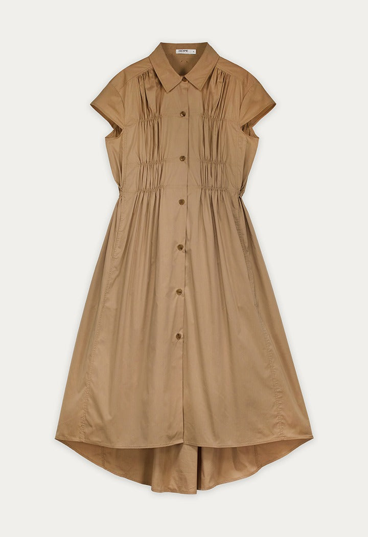 Pleated Smocked Solid Shirt Dress
