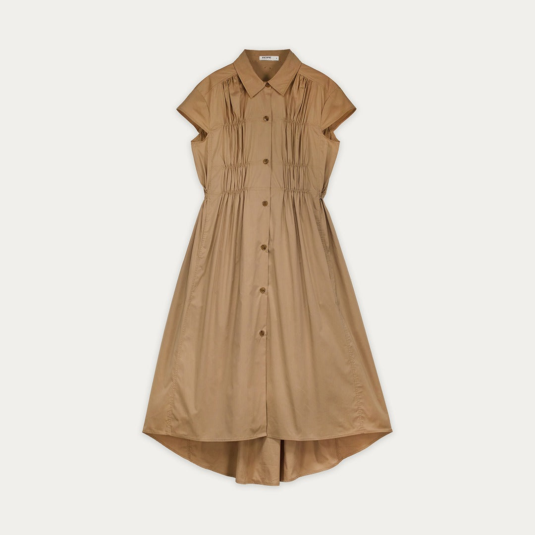 Pleated Smocked Solid Shirt Dress