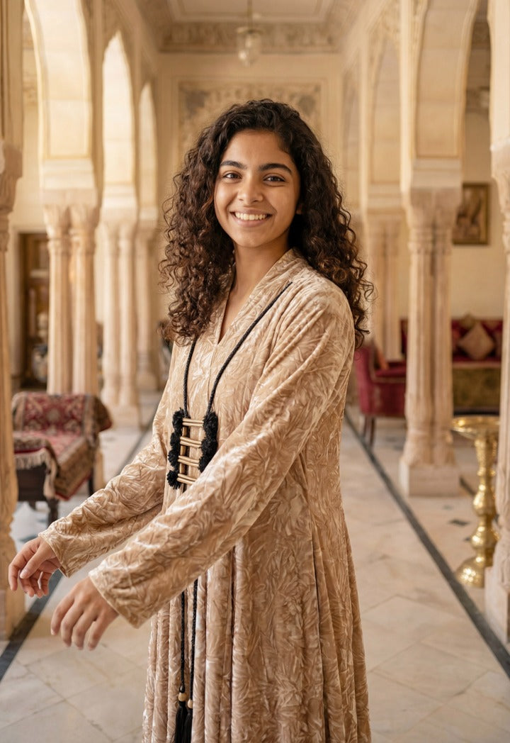 Crinkled Velvet Tassel Dress Beige