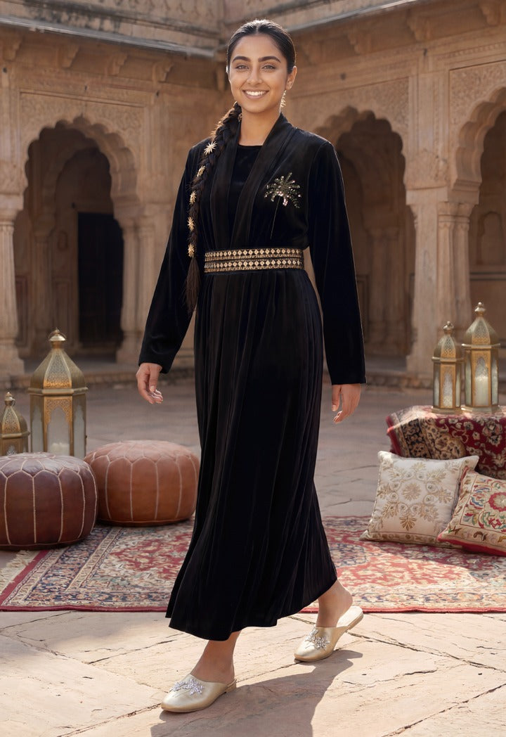 Velvet Palm Embellished Kaftan Set (2Pcs) Black