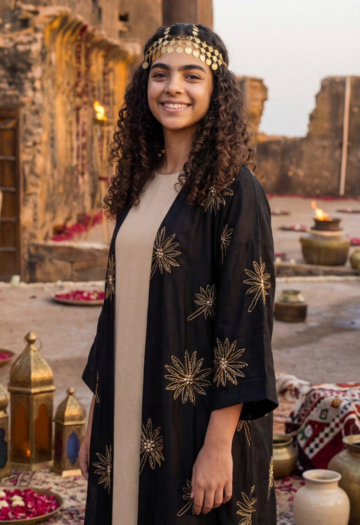 Two Tone Embroidered Abaya Set (2Pcs) Black