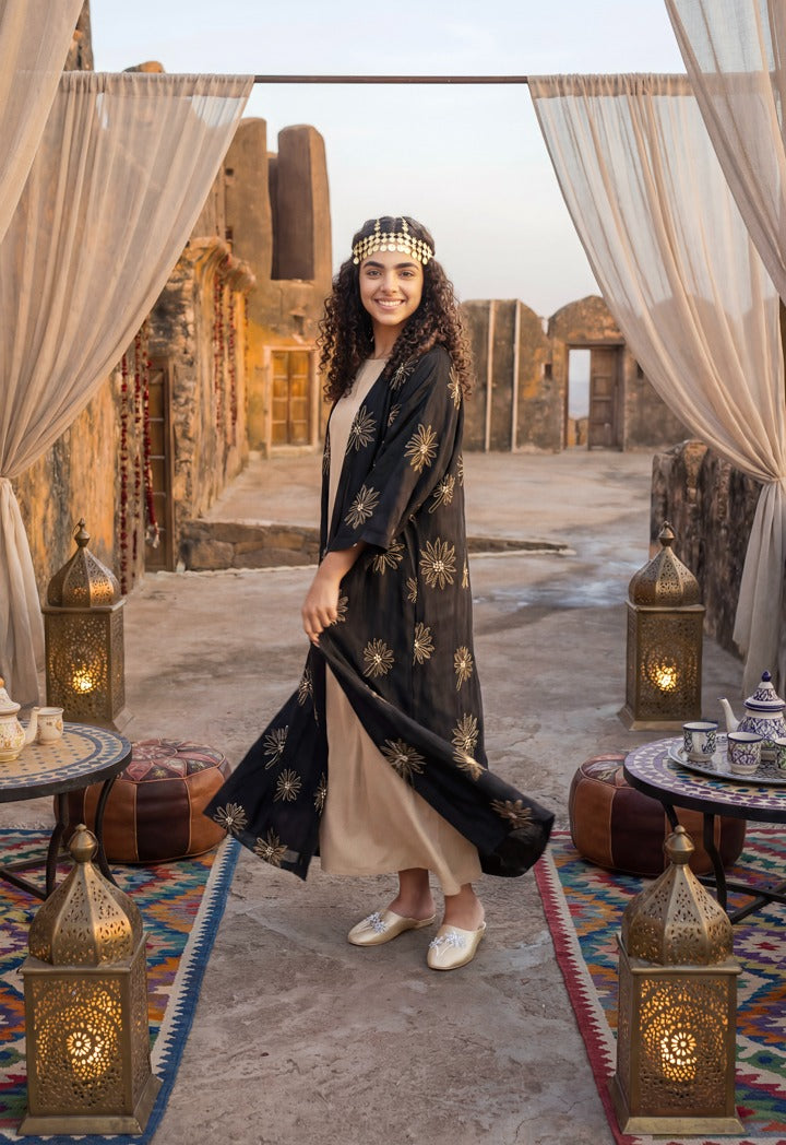 Two Tone Embroidered Abaya Set (2Pcs) Black