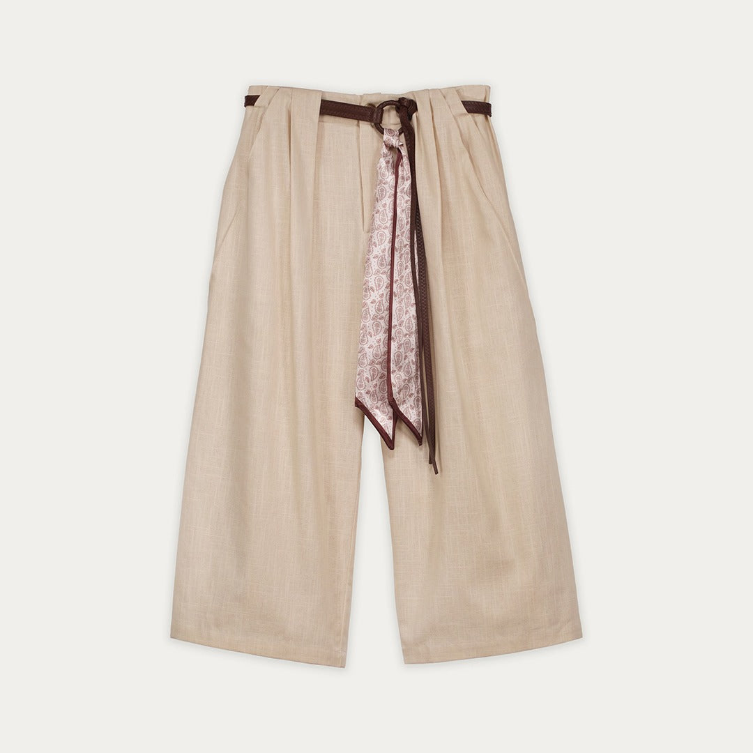 Wide-Leg Trousers with Belt and Scarf Detail