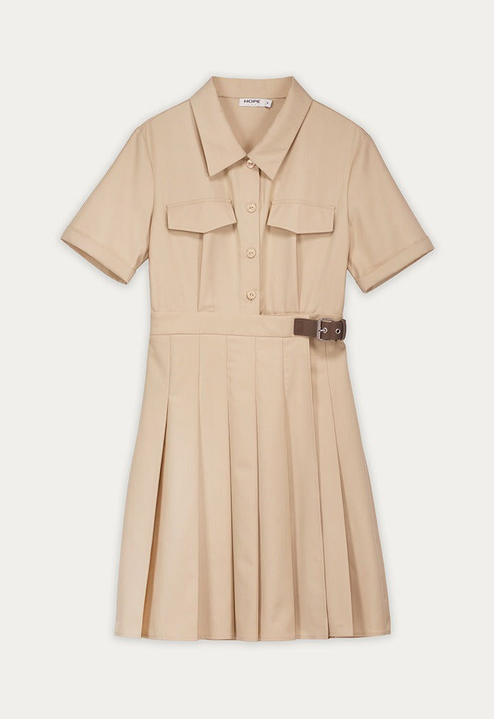 Solid Pleated Dress with Belt Detail