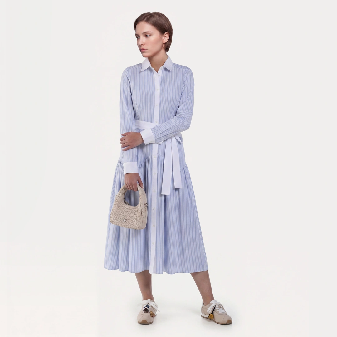 Flared Hem Striped Shirt Dress