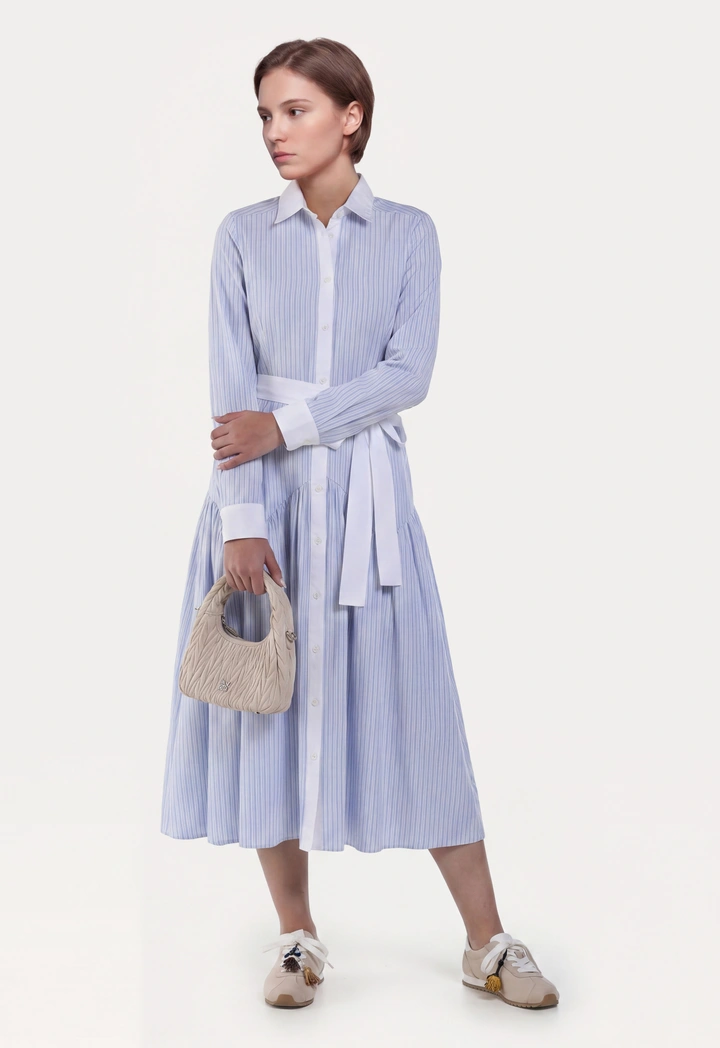 Flared Hem Striped Shirt Dress