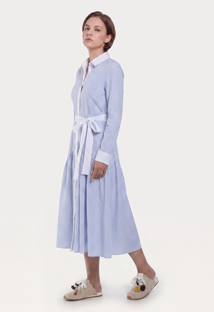 Flared Hem Striped Shirt Dress