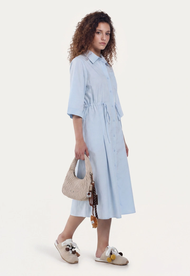 Adjustable Waist Solid Shirt Dress