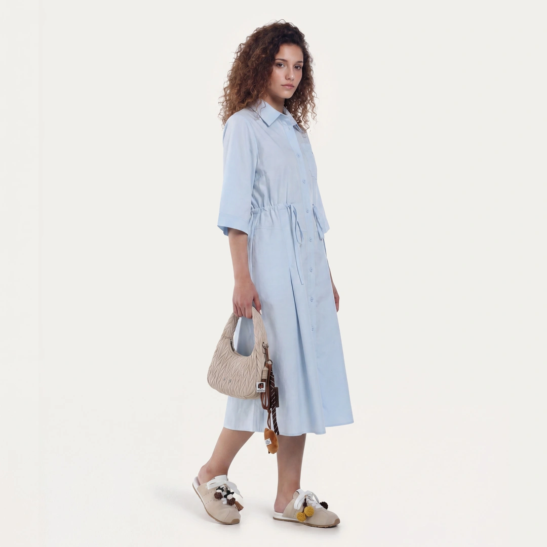 Adjustable Waist Solid Shirt Dress