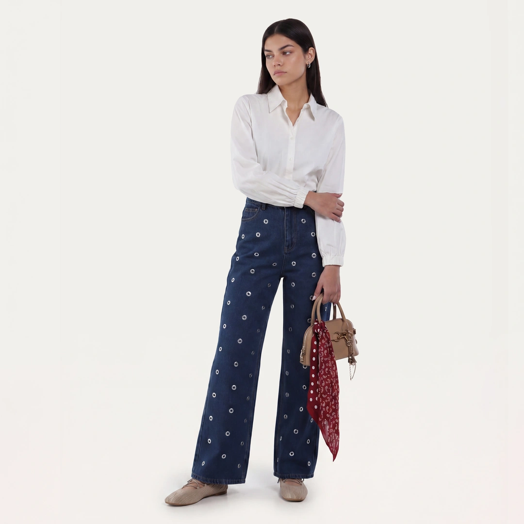 Eyelet-Embellished Wide Leg Jeans