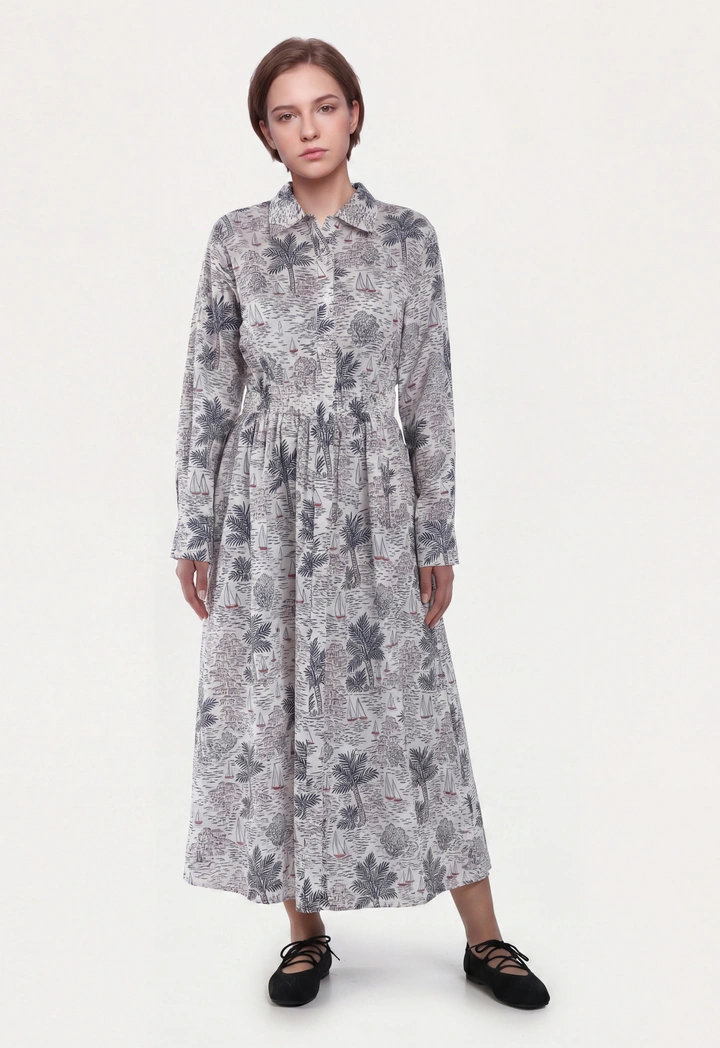 Elastic Waist Belted Printed Shirt Dress