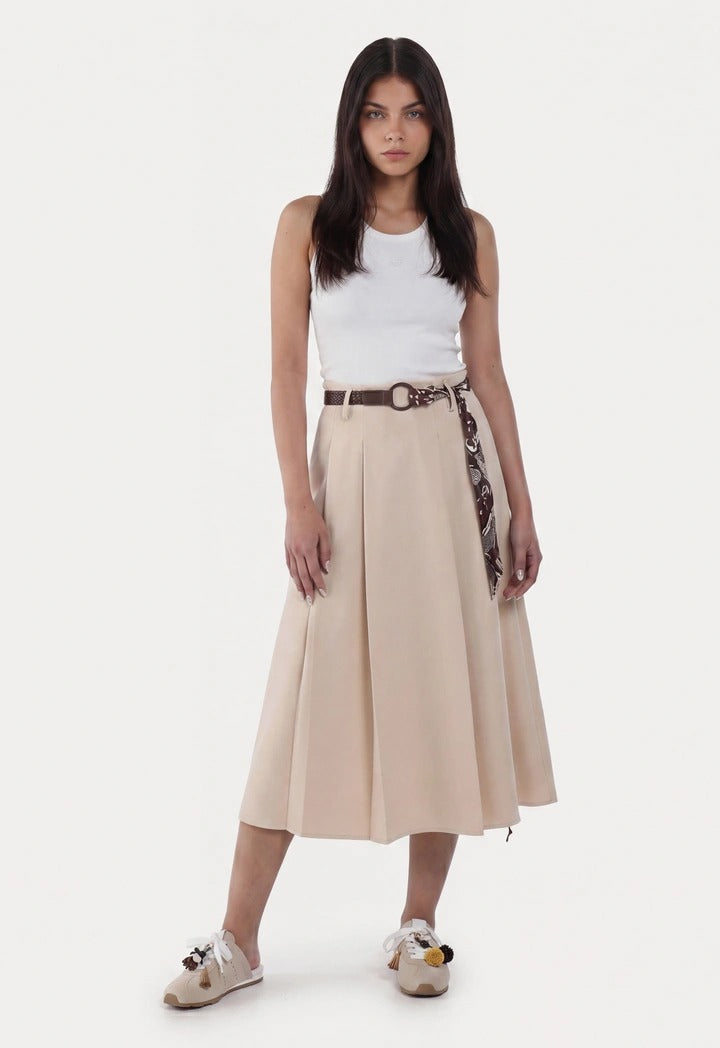 Front Pleated Solid Midi Skirt