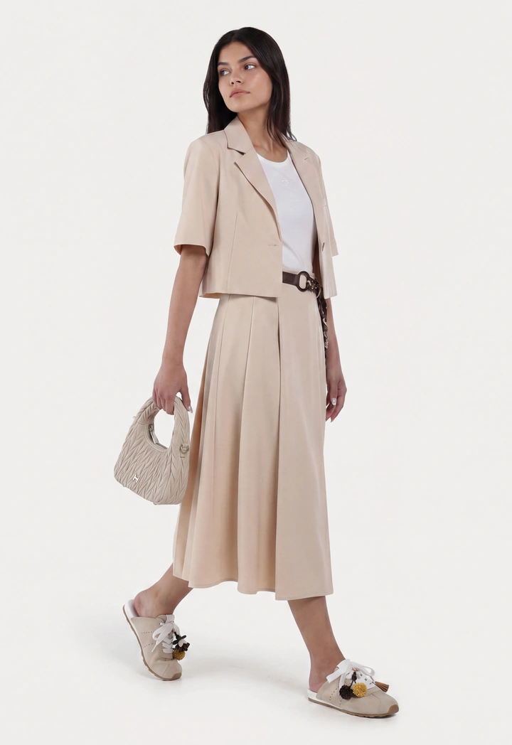 Front Pleated Solid Midi Skirt