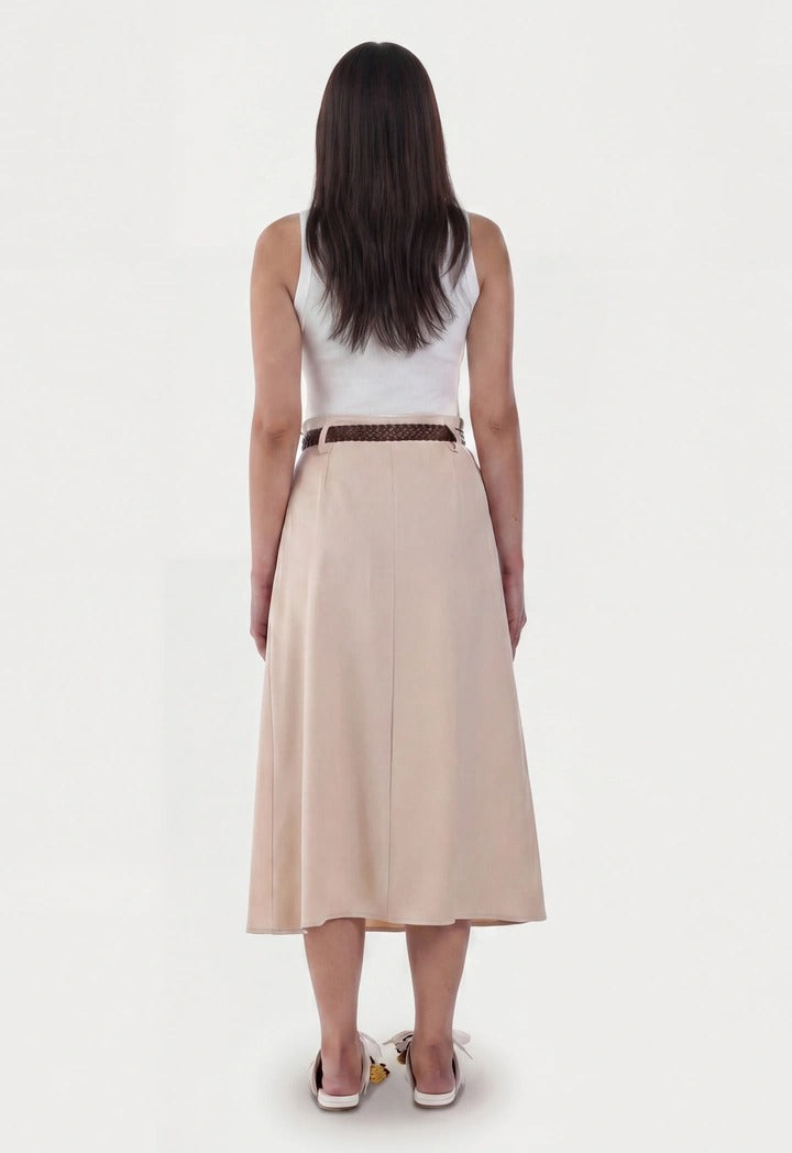 Front Pleated Solid Midi Skirt