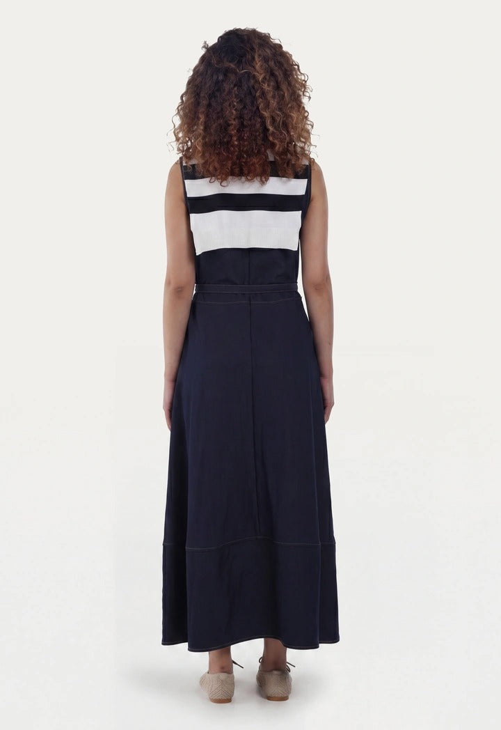 Flared Hem Denim Dress with Striped Sweater Scarf
