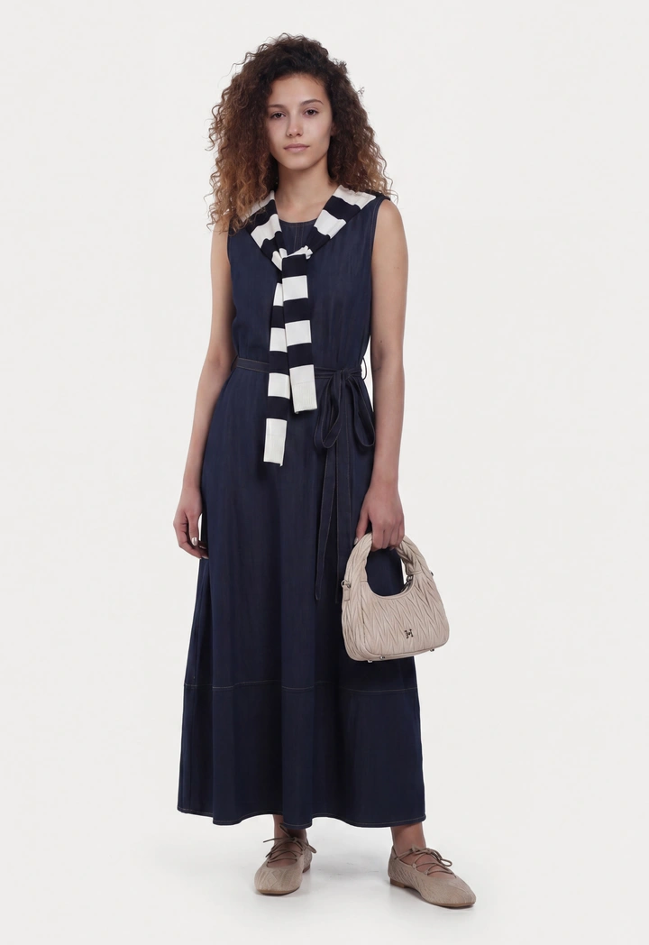 Flared Hem Denim Dress with Striped Sweater Scarf