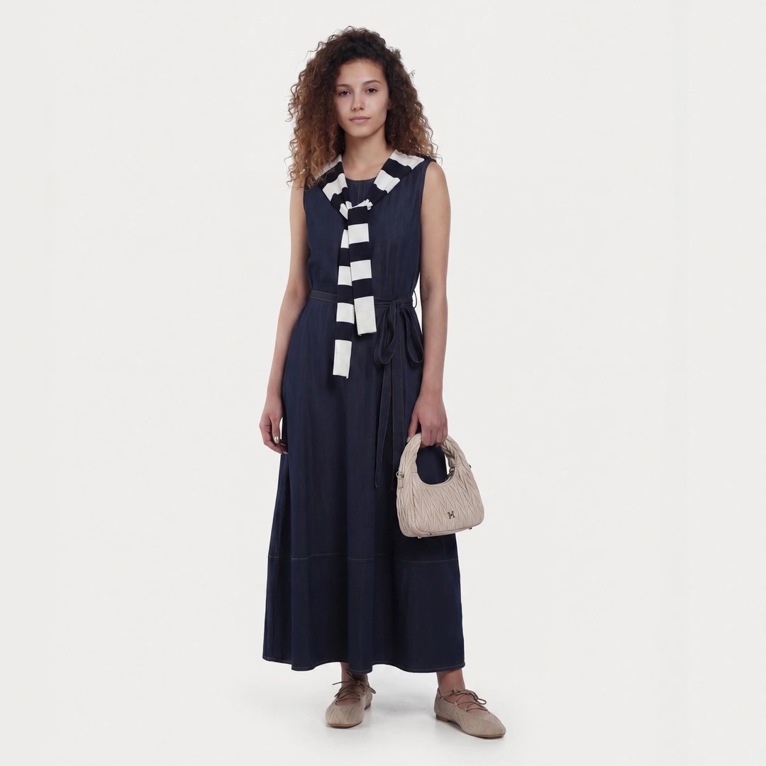 Flared Hem Denim Dress with Striped Sweater Scarf
