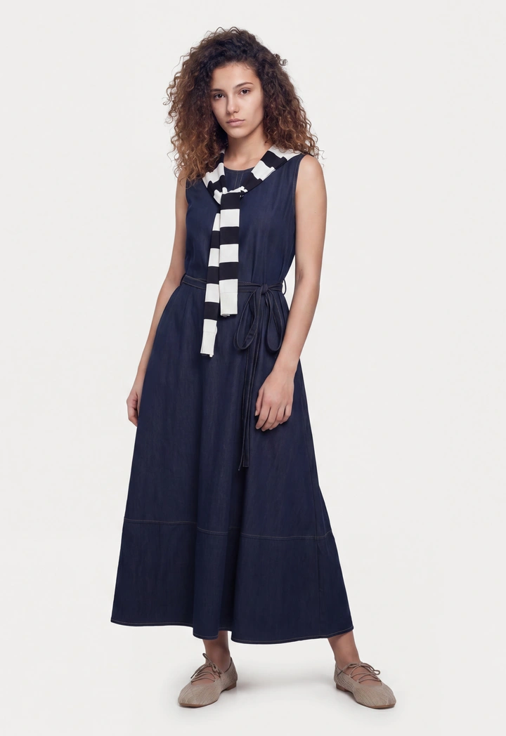 Flared Hem Denim Dress with Striped Sweater Scarf