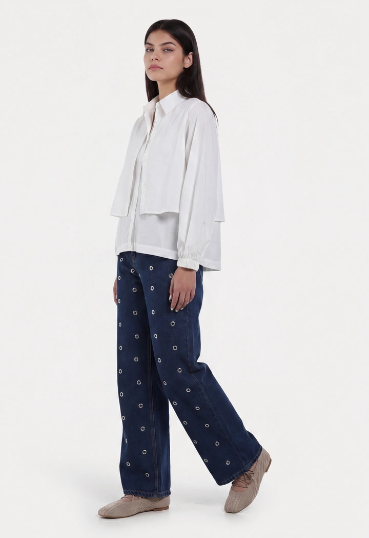 Eyelet-Embellished Wide Leg Jeans
