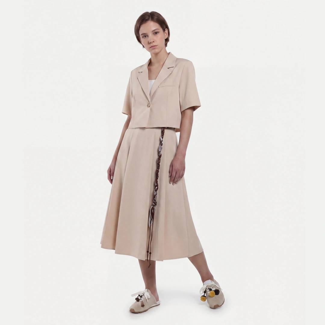 Front Pleated Solid Midi Skirt