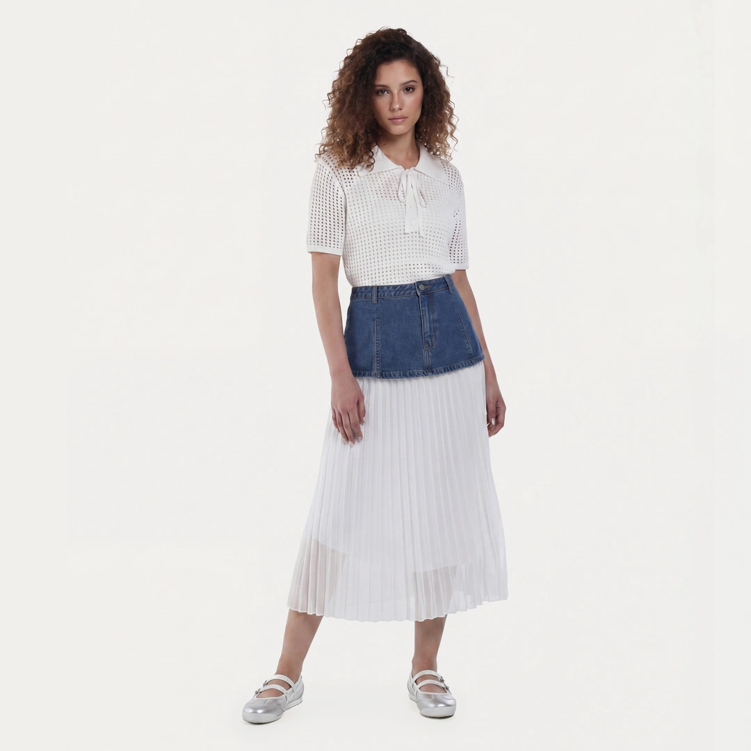 Pleated Skirt with Jeans Overlay