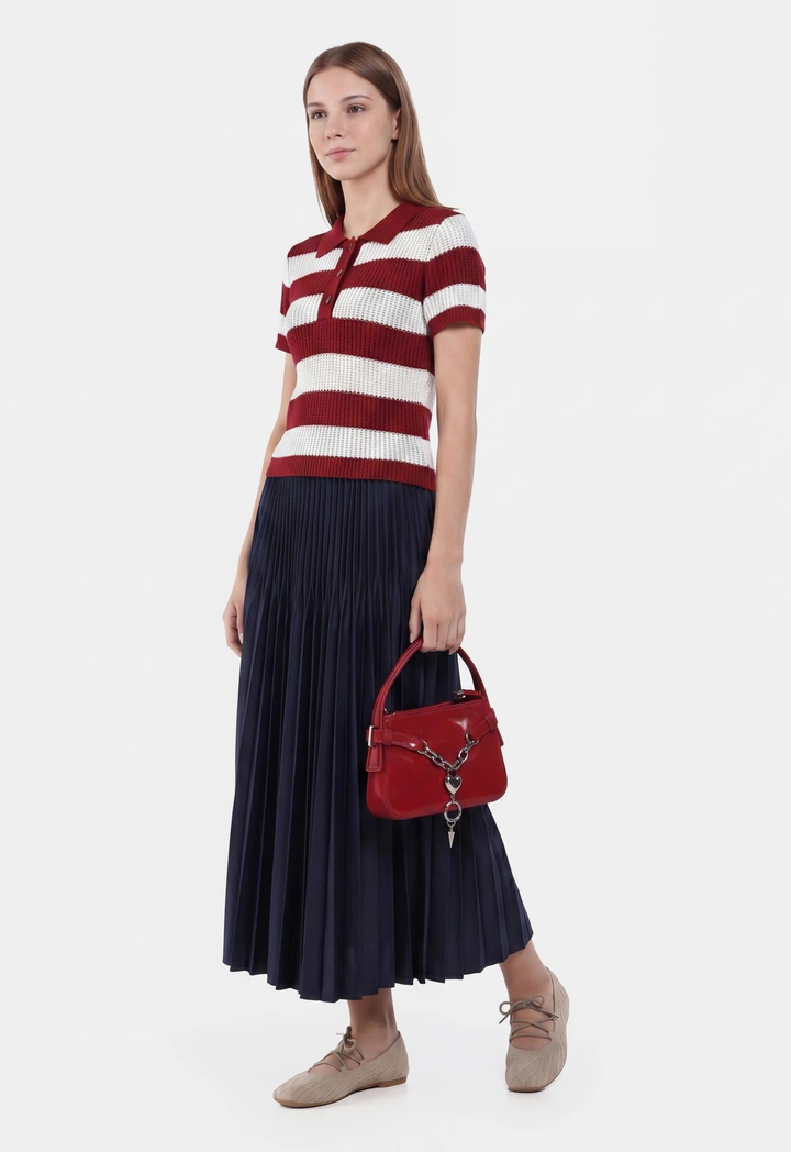 All Over Pleated Solid Skirt with Elastic Waist