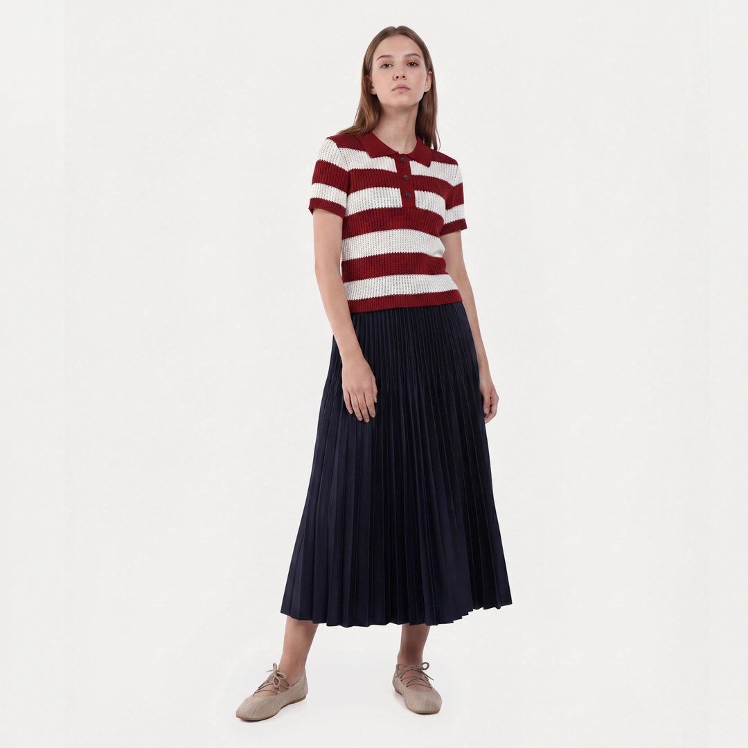 All Over Pleated Solid Skirt with Elastic Waist