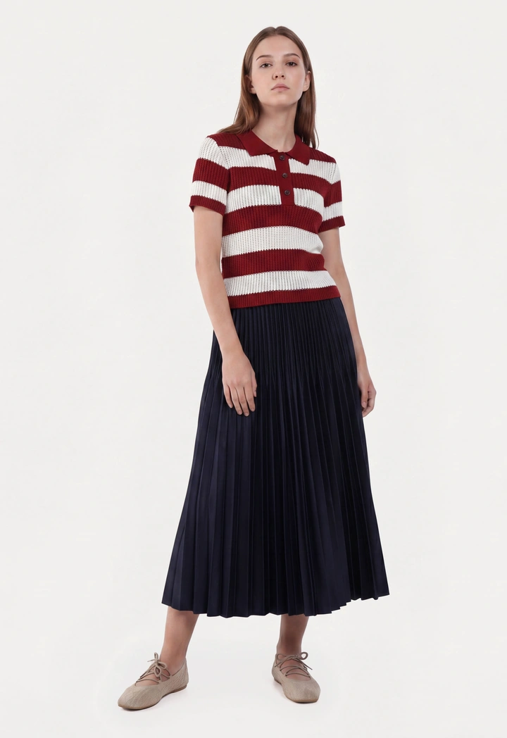 All Over Pleated Solid Skirt with Elastic Waist