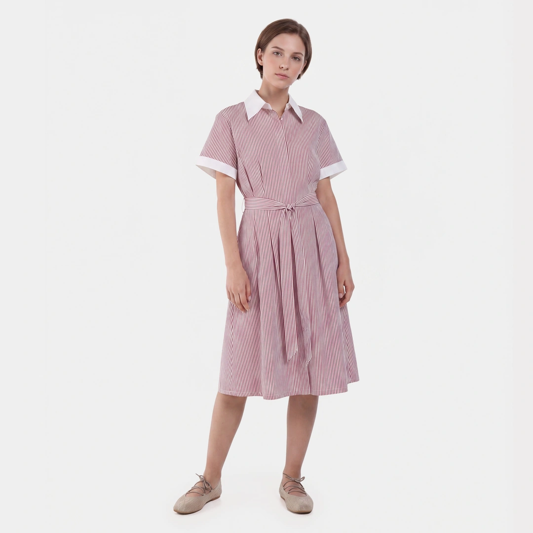 Pleated Belted Striped Shirt Dress